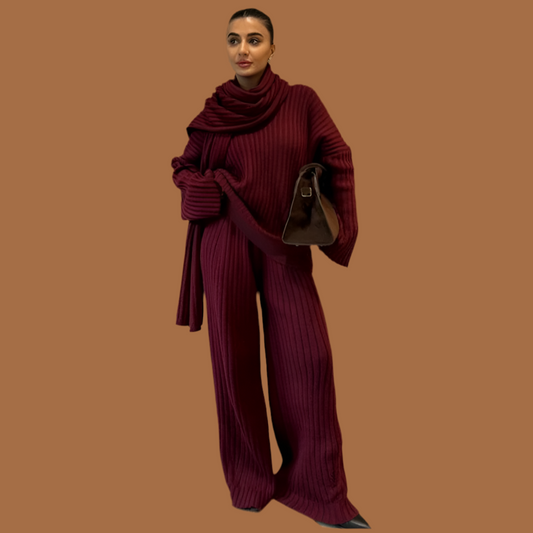 V-neck Full Sleeve Scarf Pullover & Long Trousers Set