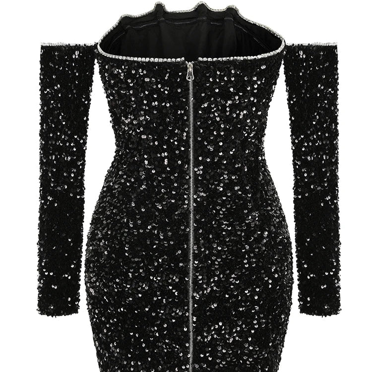 Slash Neck Sparkling Sequins Dress