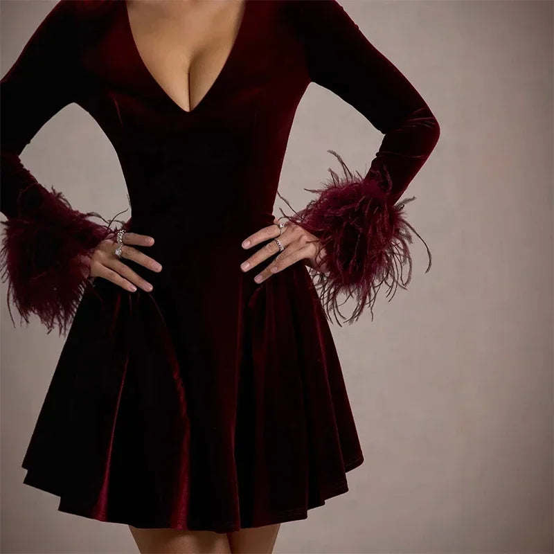 V-neck Full Sleeves Feather Dress