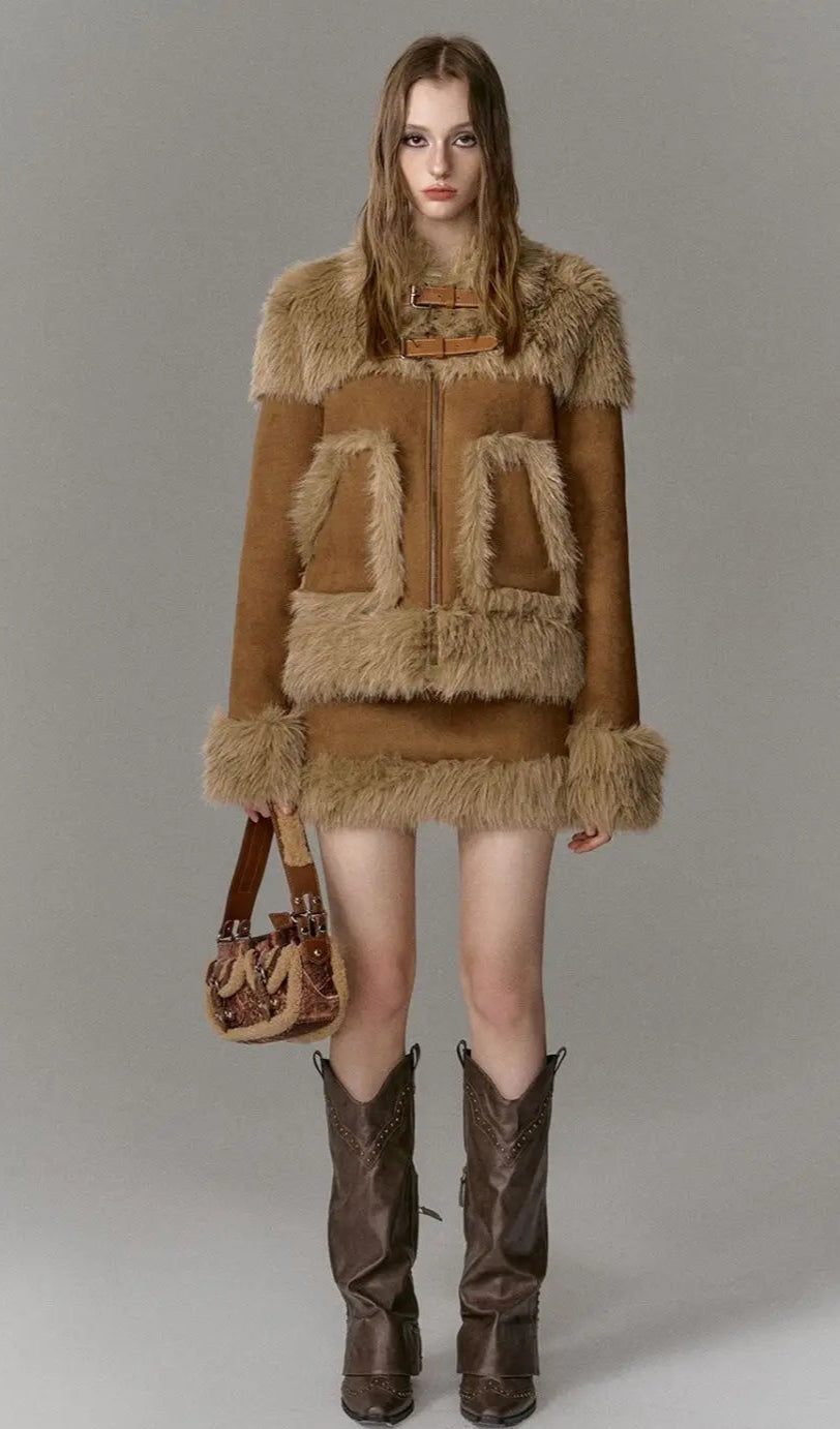 Imitation Fur Spliced Two-Piece Skirt Set