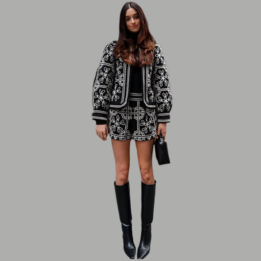 Elegant Print Coat and Shorts Set