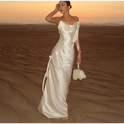 White Ribbon Silk Satin Sling Dress