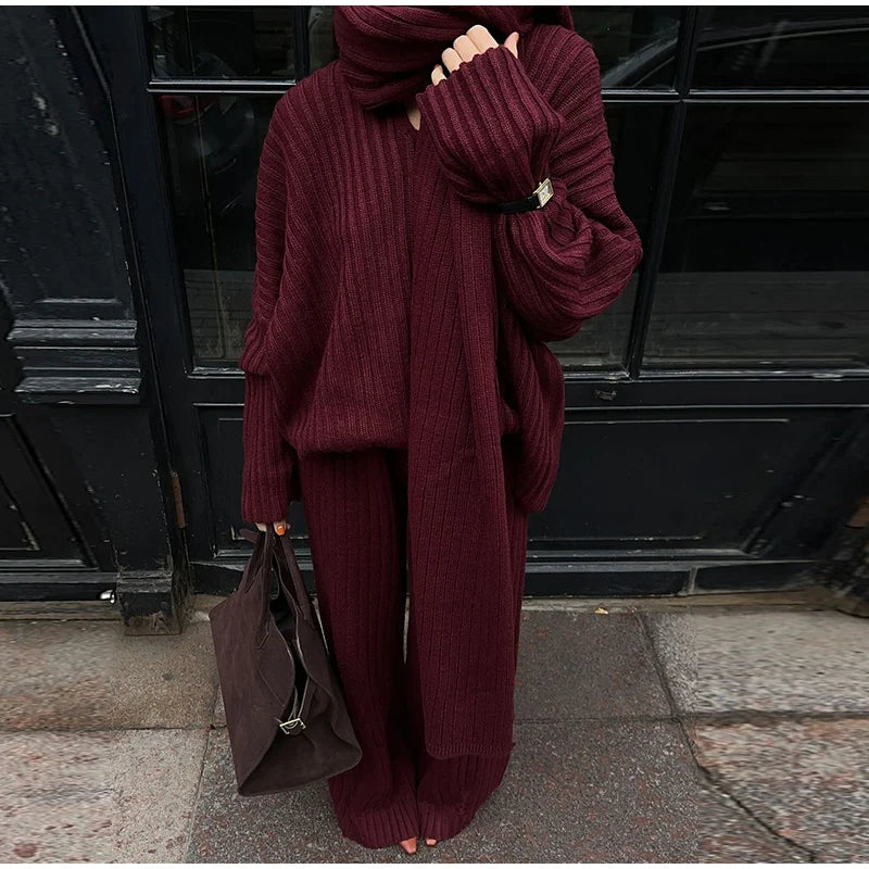 V-neck Full Sleeve Scarf Pullover & Long Trousers Set