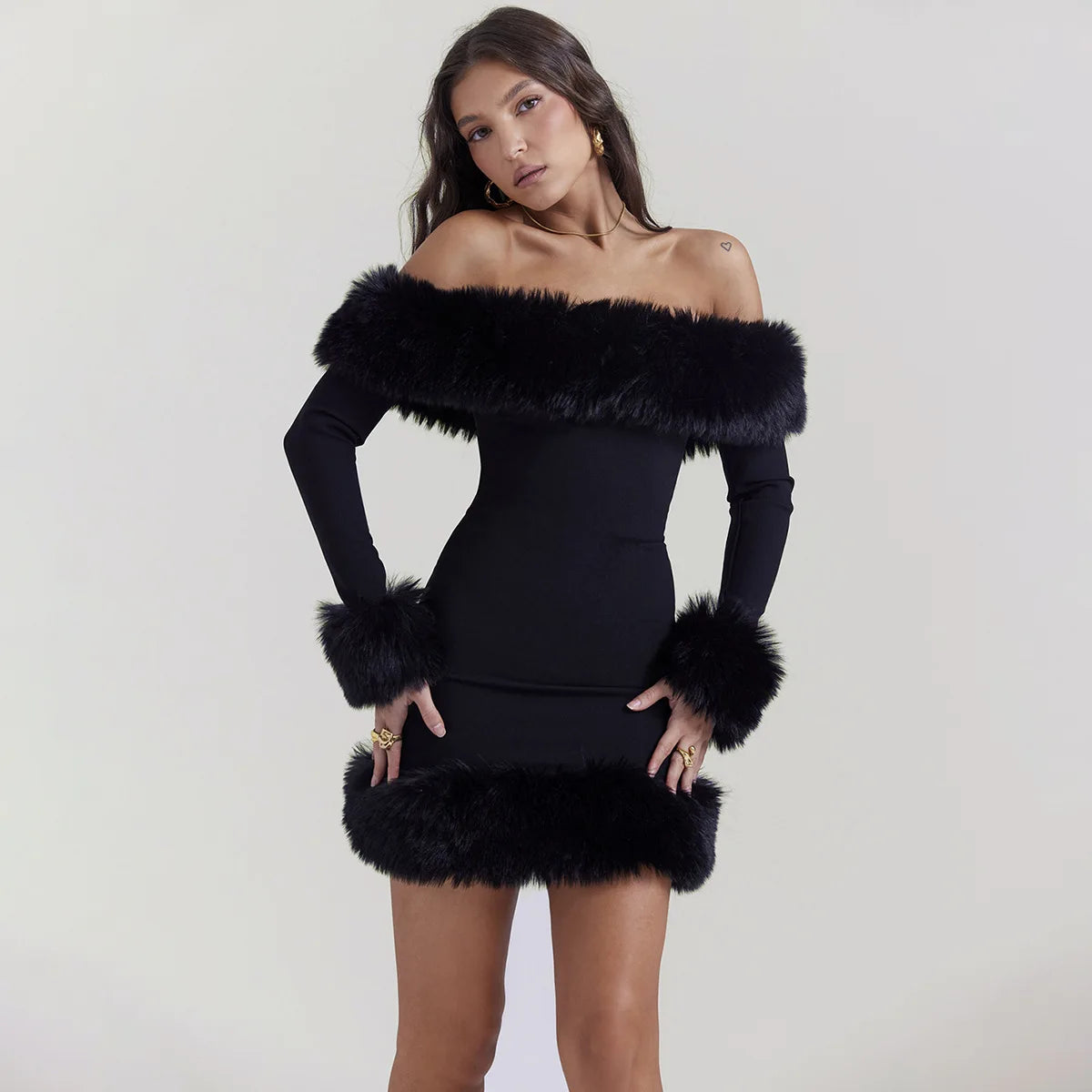 Off The Shoulder Fur Collar Dress