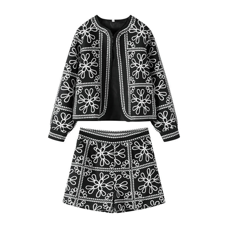 Elegant Print Coat and Shorts Set