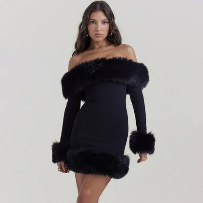 Off The Shoulder Fur Collar Dress