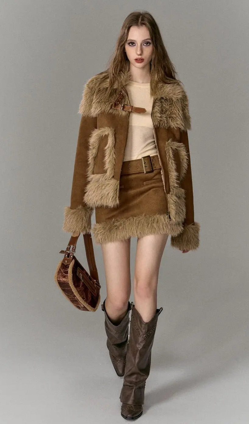 Imitation Fur Spliced Two-Piece Skirt Set