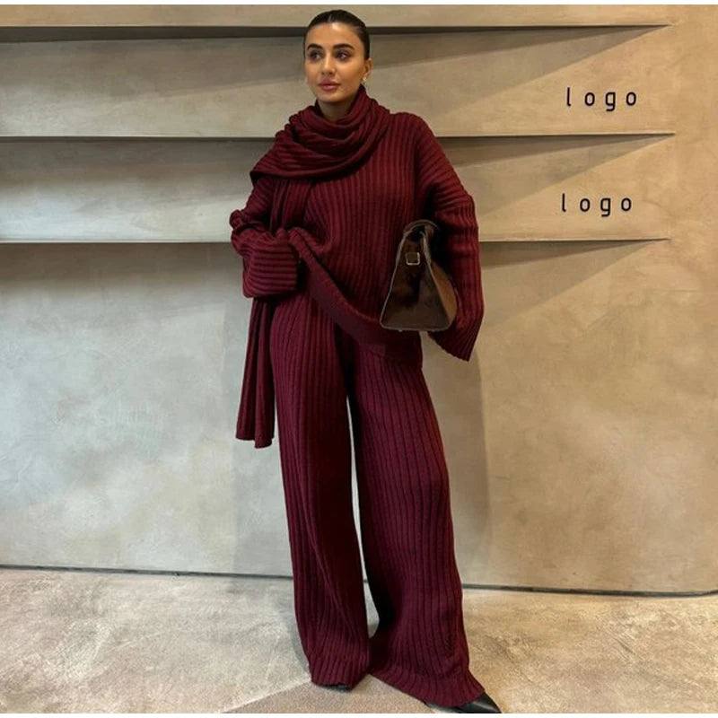 V-neck Full Sleeve Scarf Pullover & Long Trousers Set