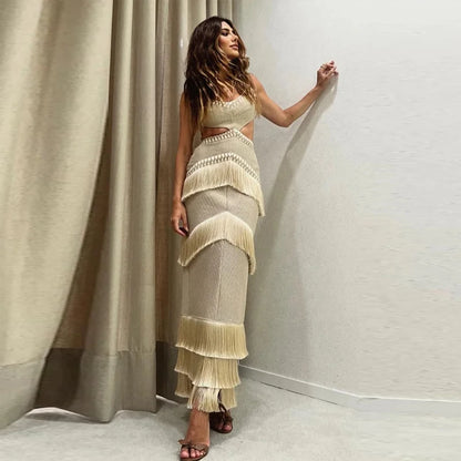 Fringe Slip Dress Backless Wrap