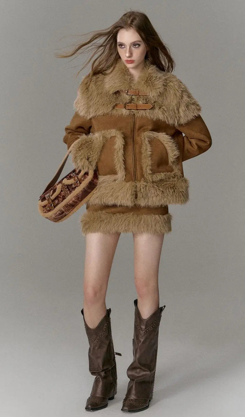 Imitation Fur Spliced Two-Piece Skirt Set