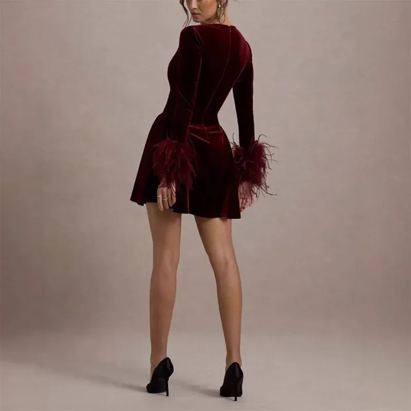 V-neck Full Sleeves Feather Dress